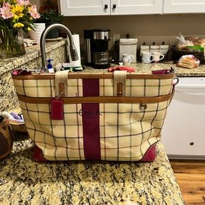 Coach Beige Plaid Canvas Laptop Tote with Pink Accent